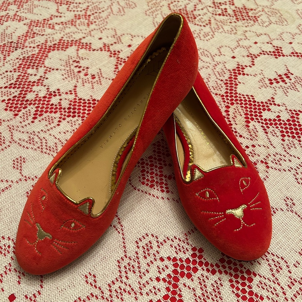 Charlotte Olympia Velvet and Leather Women’s Size 39.5 Red Cat Face Flats